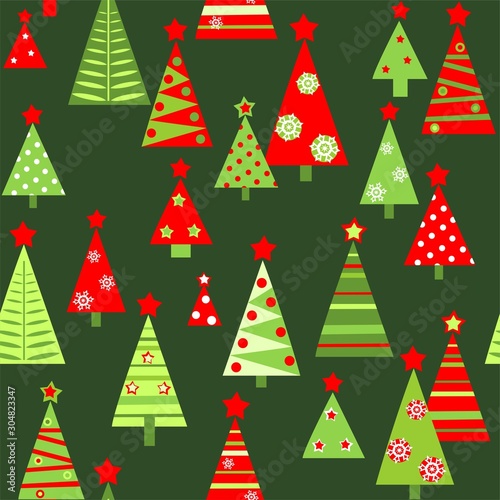 Seamless green wallpaper with funny cut out paper abstract green and red firs for Christmas greeting design. Flat style