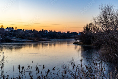 A frozen lake photographed in the early morning