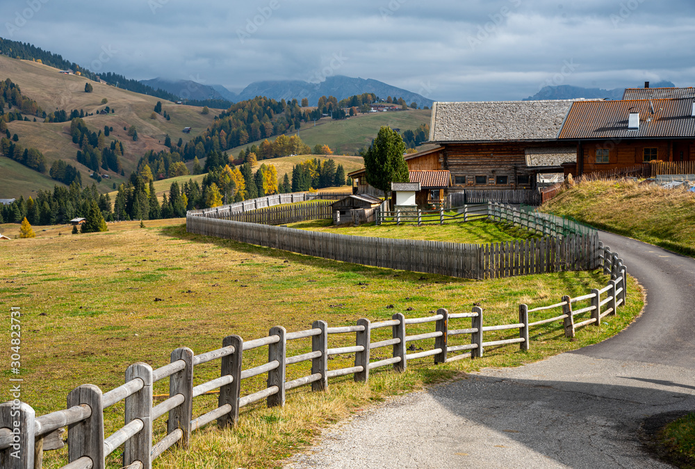 Wooden chalet at the famous Alpe di Siusi valley on the Dolomites, South Tyrol in Italy