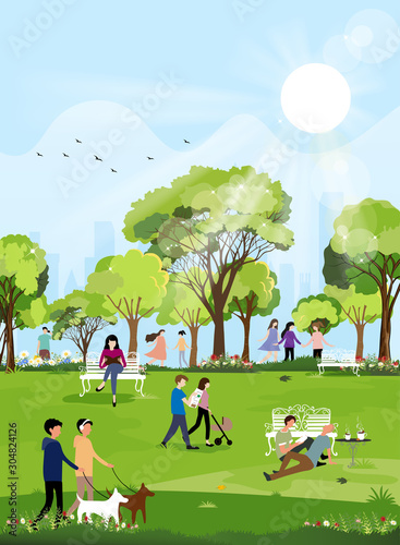 Landscape Spring time with people spending time together in morning at the park, girl reading a book, mom and dad walking with baby, lesbian talking and lgbt couples chilling out having some coffee.