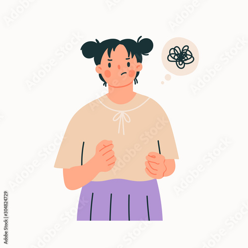 Cute angry girl in trendy clothing reveals emotion of pugnacity. Mood expression. Modern fashion look. Hand drawn vector trendy illustration. Flat design. Cartoon style. Isolated on a white background