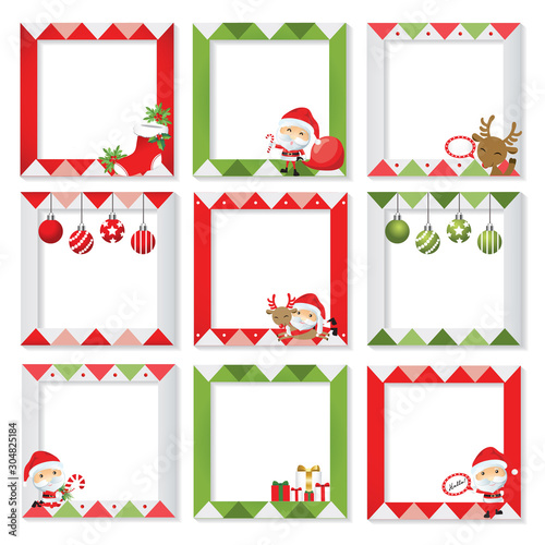  Christmas photo frame vector set , Cute Christmas border design and decoration.