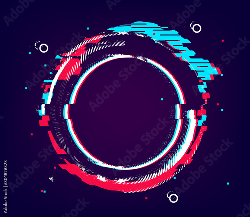 Glitch circle banner, distorted round shape with vhs glitch effect. Abstract neon colored banner with noise and empty place. Vector template illustration.