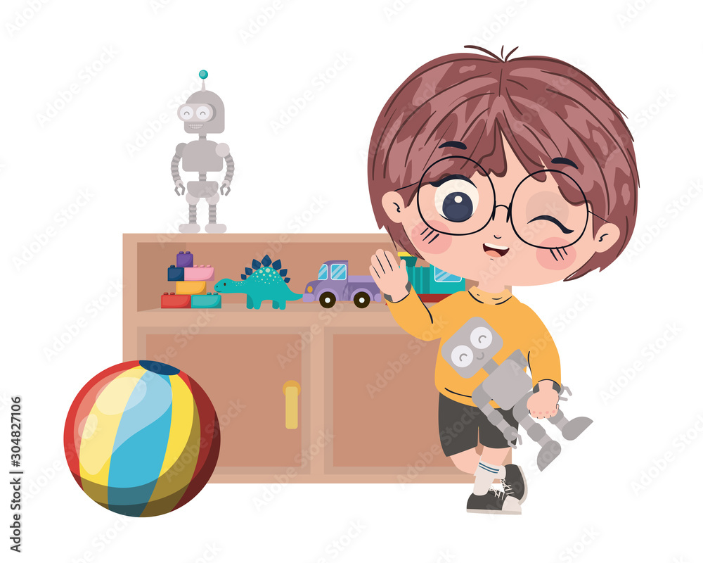 Isolated boy cartoon with toys vector design
