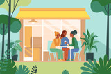 Vector illustration in simple flat style with characters - coffee shop interior with people meeting and drinking coffee