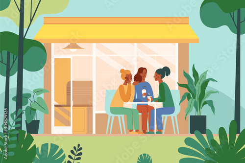 Vector illustration in simple flat style with characters - coffee shop interior with people meeting and drinking coffee