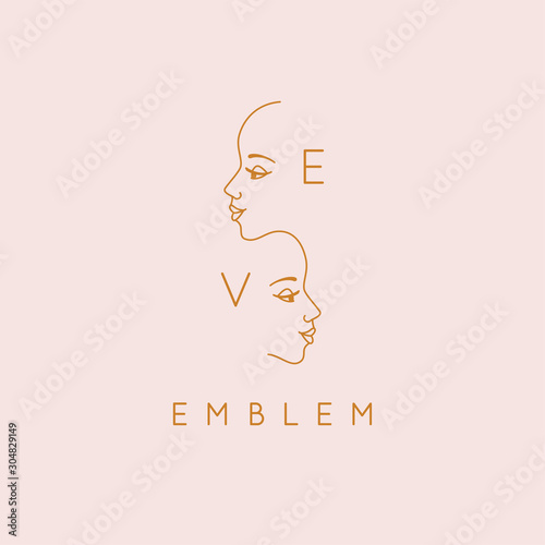 Vector abstract logo design template in trendy linear minimal style, emblem for beauty studio and cosmetics - female portraits, beautiful women's face - sisters or twins