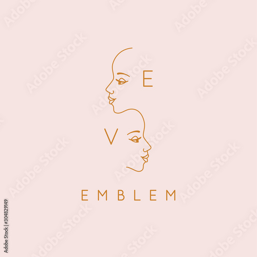 Vector abstract logo design template in trendy linear minimal style, emblem for beauty studio and cosmetics -  female portraits, beautiful women's face - sisters or twins