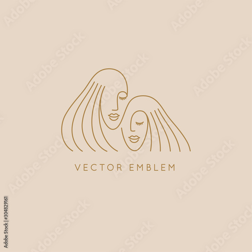 Vector abstract logo design template in trendy linear minimal style, emblem for beauty studio and cosmetics -  female portraits, beautiful women's face - sisters or twins
