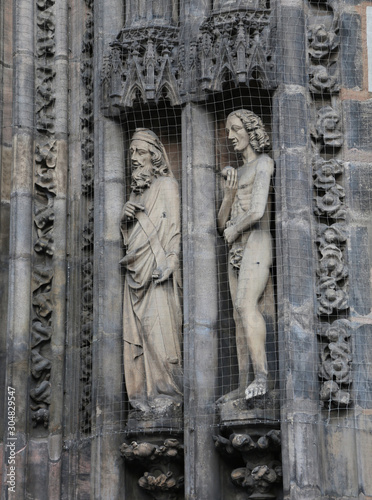 Nuremberg, Germany - August 15, 2017: statues of Ancient Cathedr