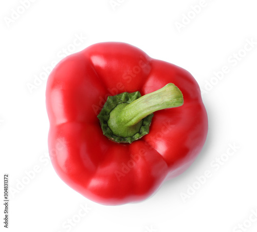 Ripe red bell pepper isolated on white, top view