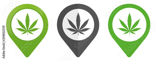 olor Map pointer and marijuana or cannabis leaf icon isolated on white background. Hemp symbol. Vector Illustration