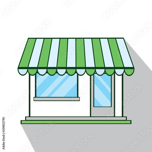 Shop icon flat. Green pictogram on a white background. Vector illustration with long shadow on a white background.