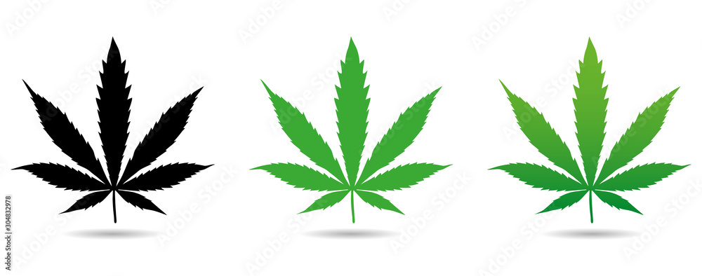 Cannabis leaf icons set. Green silhouette of Indica Sativa isolated white background. Vector illustration - obrazy, fototapety, plakaty 
