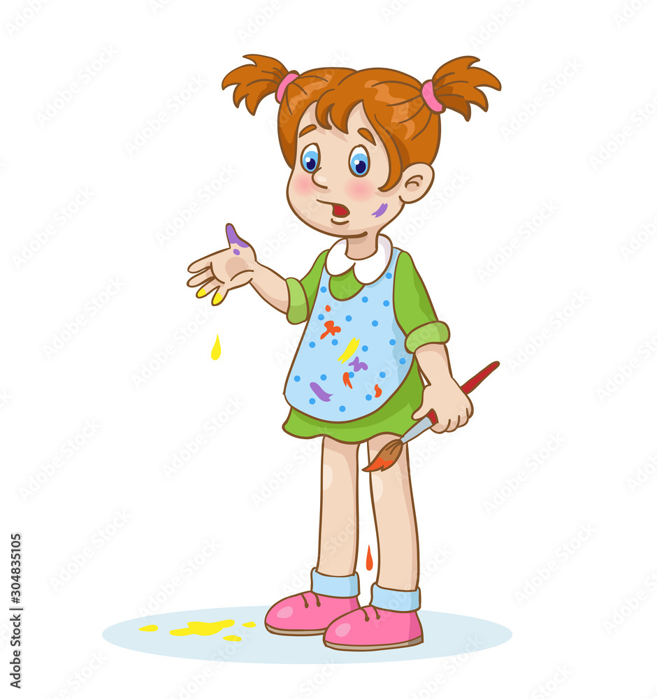 Young artist. A little girl smeared with a paint. In cartoon style.  Isolated on a white background. Vector illustration. vector de Stock |  Adobe Stock