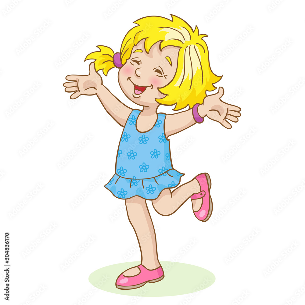 Funny little girl jumping on one leg. In cartoon style. Isolated on ...