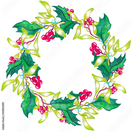 Illustration with colored pencils. Christmas wreath. Festive decoration. Holly and mistletoe.