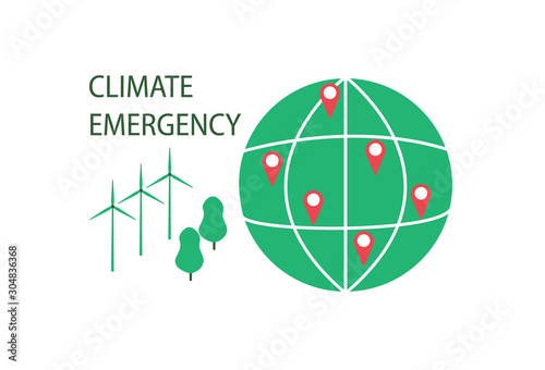 Climate Emergency Declaration Vector. Environmental issues, signing a petition. Wind farms, renewable energy, green trees, geolocation, planet Earth. Flat illustration on a white background.