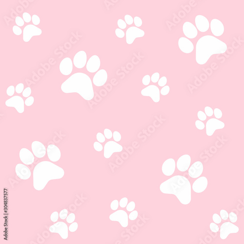 White paw footprints of dog or cat, seamless pattern. Cute children s, baby background, print on textile, fabric, wallpaper. Vector illustration on pink background