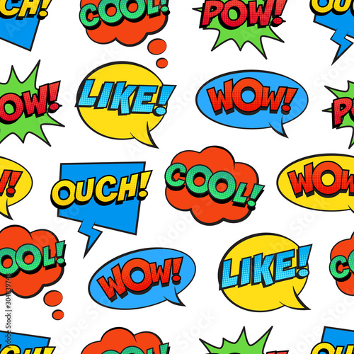 Seamless colorful pattern with comic speech bubbles on white background. Expressions COOL, POW, WOW, OUCH, LIKE. Vector illustration of modern vintage stickers, pop art style