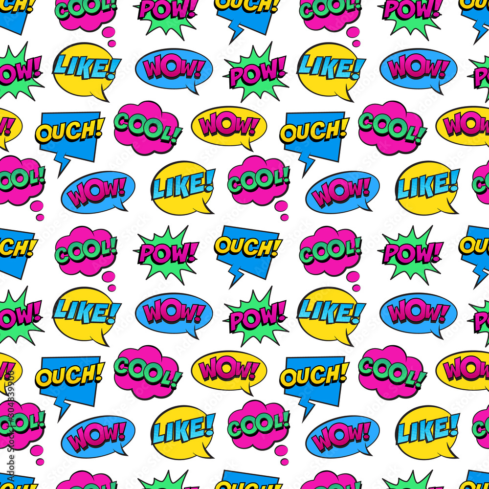 Seamless colorful pattern with comic speech bubbles on white background. Expressions COOL, POW, WOW, OUCH, LIKE. Vector illustration of modern vintage stickers, Seamless colorful pattern with comic speech bubbles on white background. Expressions COOL, POW, WOW, OUCH, LIKE. Vector illustration of modern vintage stickers,