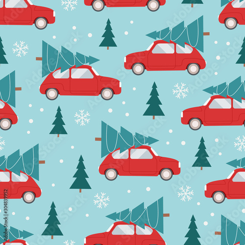 Christmas seamless pattern with red car and Christmas tree on the roof. Vector illustration