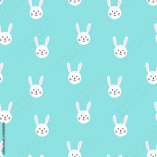 Cute seamless pattern with bunny faces. Background for kids with wild animals - rabbit. Vector illustration