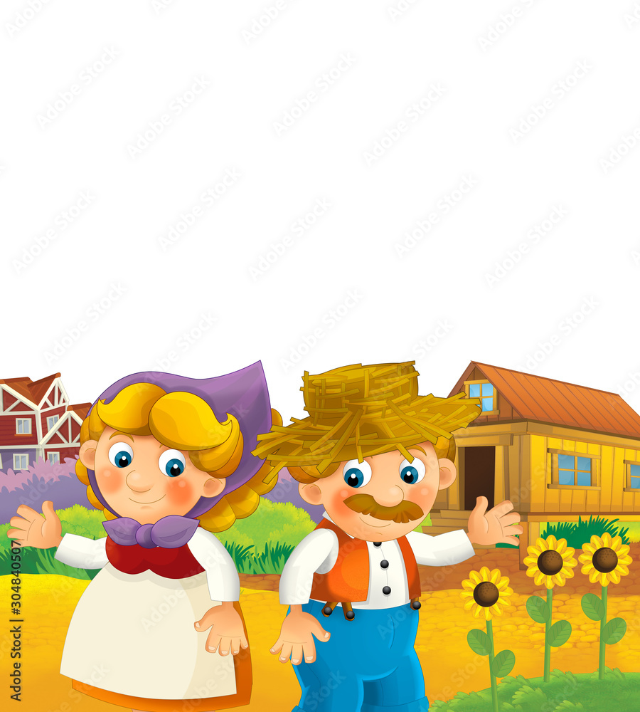 Cartoon happy farm scene - farm couple man and woman happy on white background - illustration for children