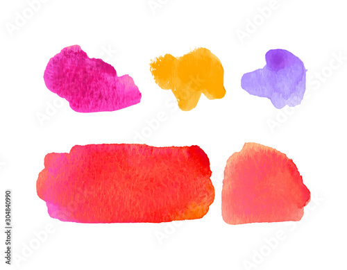 Set of watercolor elements in bright colors. Vector textured illustration. Abstract aquarelle stains isolated on white background. Hand drawn paint blotch for your design, logo, emblem, banner.