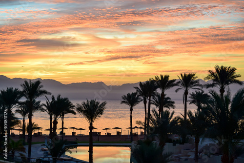 Sunset and palm trees in Taba, Egypt. © Ivars
