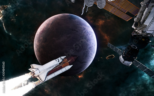 Fototapeta Naklejka Na Ścianę i Meble -  Planet of deep space. Space station, shuttle on background of exoplanet. Science fiction. Elements of this image furnished by NASA