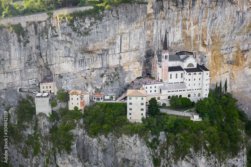 Aerial Panorama View of Madonna della Corona Sanctuary, Italy. The Church Built in the Rock.