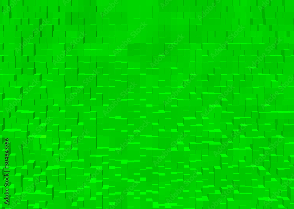 Illustration with green, the color of grass built in uneven cubes, convex light green wall. Background and texture. 
