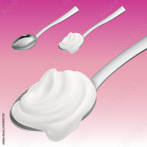 Spoon with Cream Concept of Teaspoon with Yoghurt or Sour Cream for Healthy Cooking or Baking and Confectionery. Realistic Style Trend Modern Foodie Logotype Graphic Simple Design Element on Pink