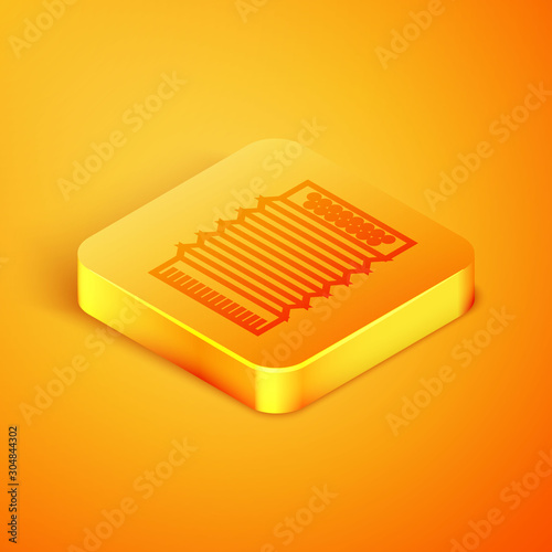Isometric line Musical instrument accordion icon isolated on orange background. Classical bayan, harmonic. Orange square button. Vector Illustration