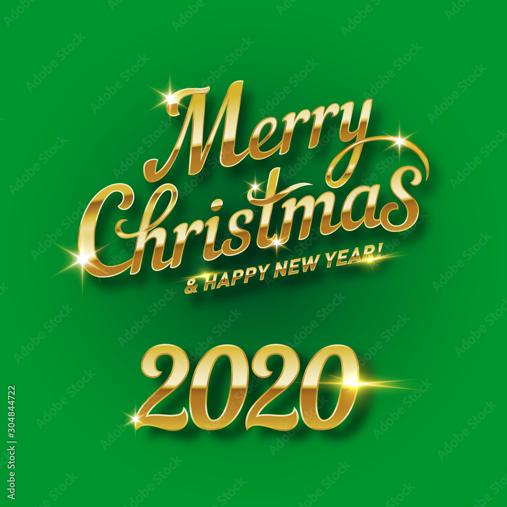 Merry Christmas Golden Text Calligraphic Lettering Design Card Template. Suitable for Holiday Greeting Gift Poster. Calligraphy Font style Banner on Green Background