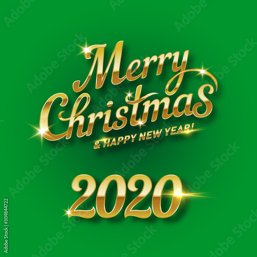 Merry Christmas Golden Text Calligraphic Lettering Design Card Template. Suitable for Holiday Greeting Gift Poster. Calligraphy Font style Banner on Green Background