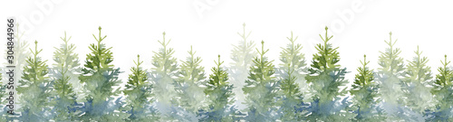 Watercolor seamless illustration of Christmas trees and snow. Hand-drawn illutration on the white background