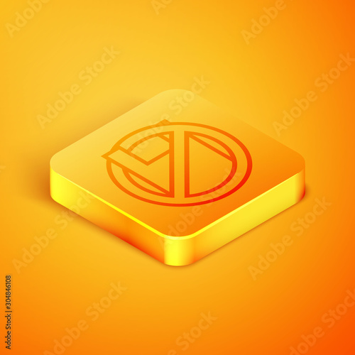 Isometric line Say no to plastic bags poster icon isolated on orange background. Disposable cellophane and polythene package prohibition sign. Orange square button. Vector Illustration