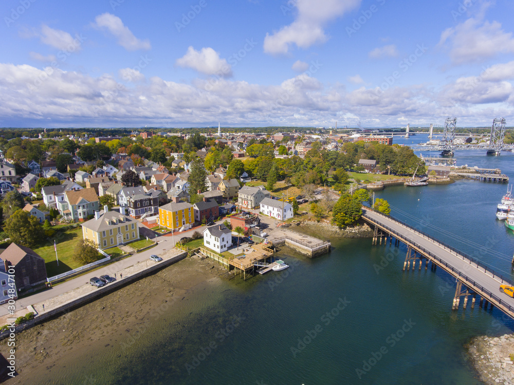Portsmouth historic city center and Waterfront of Piscataqua River aerial view, New Hampshire, NH, USA.