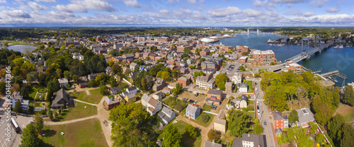 Portsmouth historic city center and Waterfront of Piscataqua River with Memorial Bridge panorama aerial view, New Hampshire, NH, USA. © Wangkun Jia