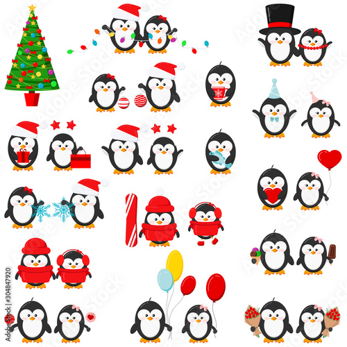 Cute penguin boy and girl set isolated on white background