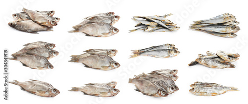 Set of tasty dry fish on white background photo