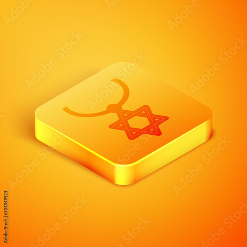 Isometric line Star of David necklace on chain icon isolated on orange background. Jewish religion symbol. Symbol of Israel. Jewellery and accessory. Orange square button. Vector Illustration