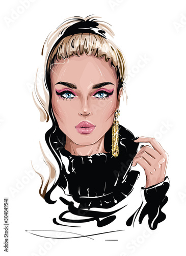 Hand drawn beautiful young woman with long blonde hair. Stylish girl with gold earring. Fashion woman look. Sketch. Vector illustration.