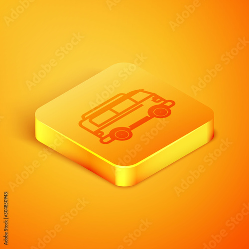 Isometric line Retro minivan icon isolated on orange background. Old retro classic traveling van. Orange square button. Vector Illustration