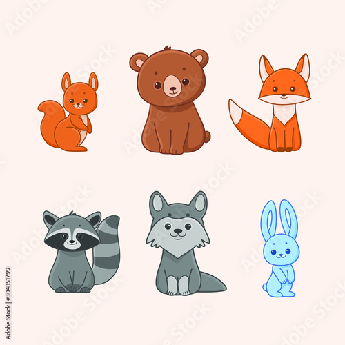 Fototapeta Naklejka Na Ścianę i Meble -  Cartoon forest animal - bear, Fox, wolf, raccoon, squirrel, hare. Cute character for children. Vector illustration in cartoon style. Animal alphabet.