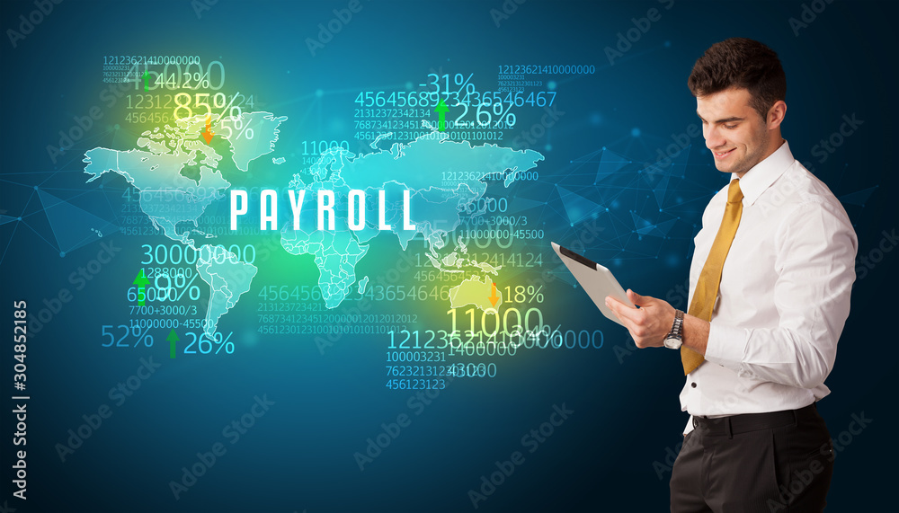 Businessman in front of a decision with PAYROLL inscription, business concept Businessman in front of a decision with PAYROLL inscription, business concept