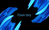 Flower petals decoration. Illustration, 3D rendering of flower elements. Black background. Invitation, post card template. Bright blue wild plants blossom pattern. Natural floral composition. 