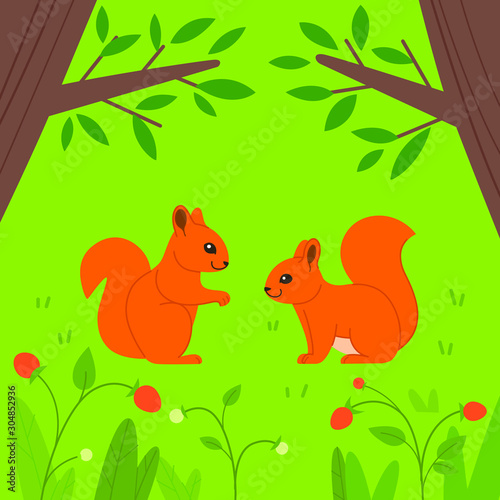 Cute squirrel in forest, cute character for children. Vector illustration in cartoon style for prints, clothing and postcards.